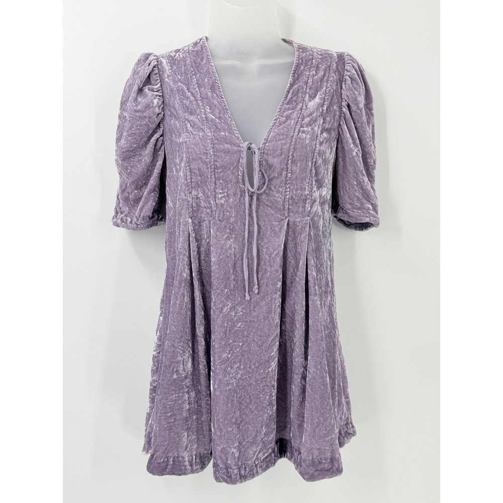 Free People Adelle Crushed Velvet Puff Sleeve Mini Dress XS fairy grunge violet